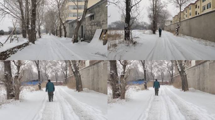 一个人的背影 雪地 出行散步 结冰 打滑