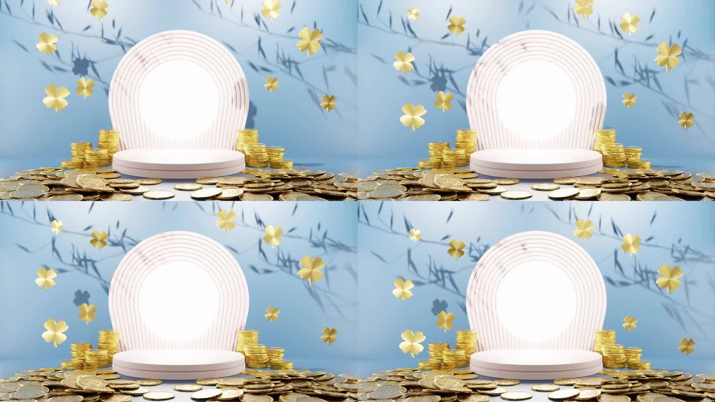 繁荣盛开:金币和三叶草叶子围绕一个白色圆形显示蓝色背景模型