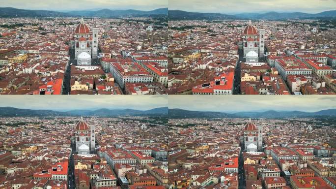 4K鸟瞰实时镜头的佛罗伦萨大教堂或大教堂圣玛丽亚德尔菲奥里和佛罗伦萨城市，这是全景，佛罗伦萨，意大利