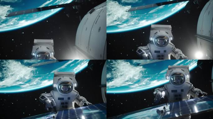 宇航员在远离地球的外太空执行舱外任务。勇敢的人在空间站外用螺旋枪固定和调整太阳能电池板模块的角度