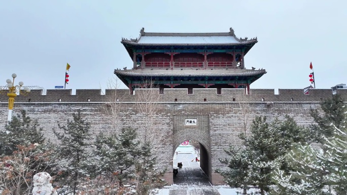 航拍 宣化古城西城墙大新门雪景