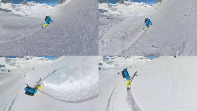 自拍:极限滑雪板运动员在刚下过雪的山坡上愉快地骑行