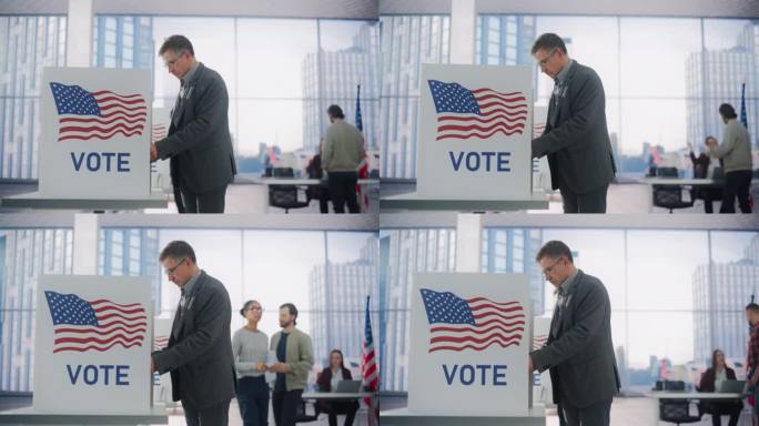 受人尊敬的成年男子在填写选票。美国人民在美国的选举日。不同的人在投票站为他们喜欢的候选人投票