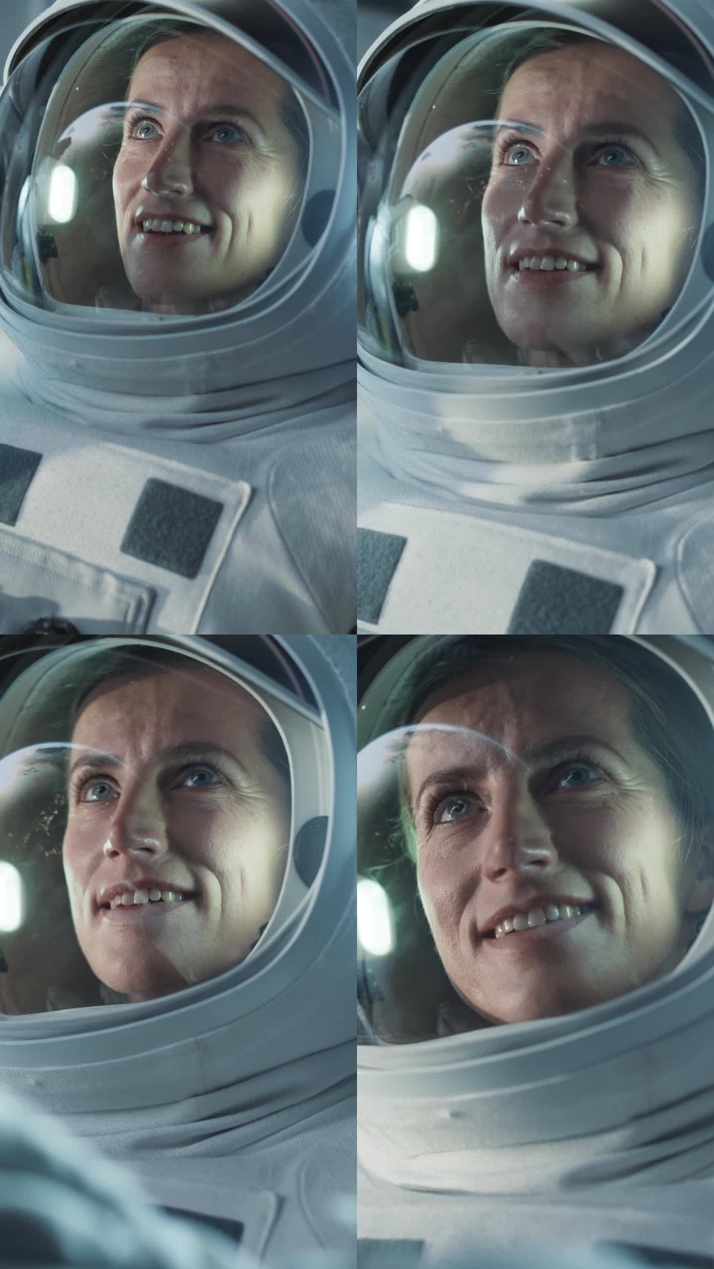 垂直屏幕:女性太空探险家在太空旅行，发现我们宇宙的深处。一个戴着头盔的成年女性的特写镜头，从太空中看