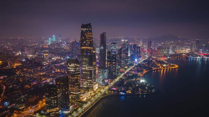 4k航拍青岛香港西路天际线夜景延时