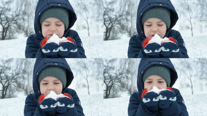 小孩子在冬天玩雪，吹雪花，慢动作