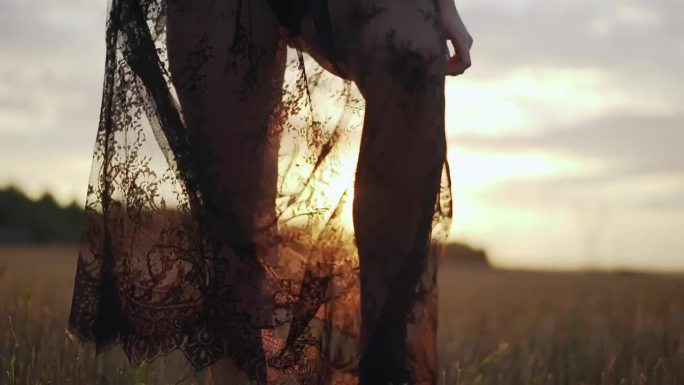 公主穿着复古的连衣裙。在日落时分沿着风景如画的秋山散步。一条长长的黑裙摆在奔跑中飘动着。照片上是一个
