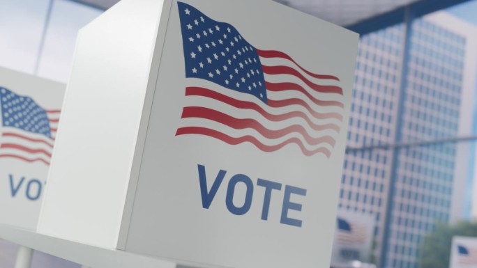 美国的选举日。建立一个带有美国国旗标志的投票站的空投票站的弧形镜头。为美国总统选举做准备。民主在行动