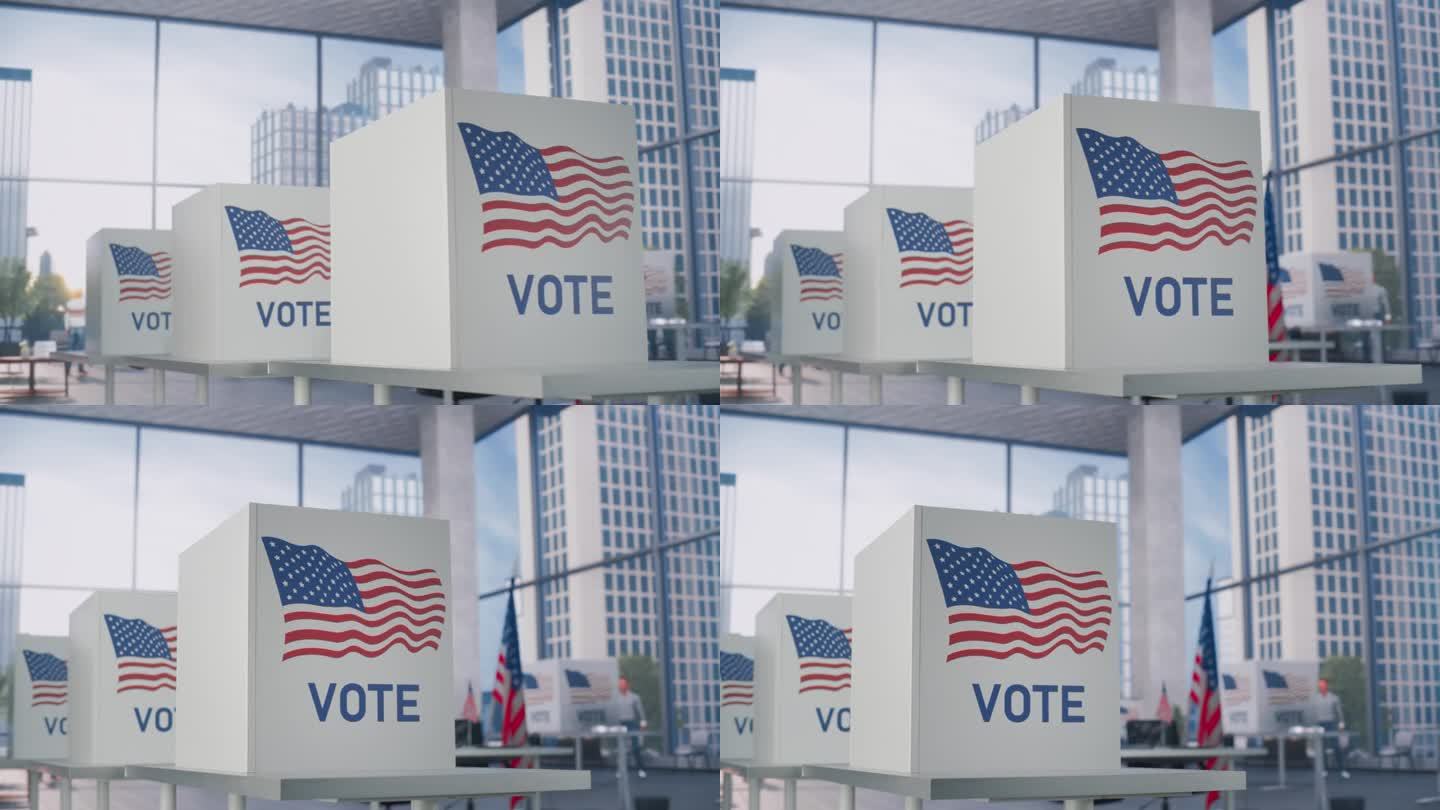 选举日建立录像。现代化的投票站，在商务中心宽敞的房间里设有美国国旗的投票站。美国的官方政府选举