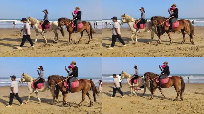 牵马行走沙滩马蹄脚印特写游客骑马行走海边