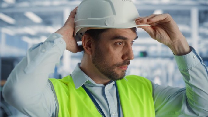 快乐的白人男性工程师戴上白色安全帽，站在电子制造工厂的特写肖像。重工业专家规划复杂工程项目。