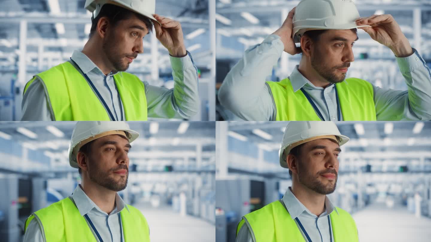 快乐的白人男性工程师戴上白色安全帽，站在电子制造工厂的特写肖像。重工业专家规划复杂工程项目。
