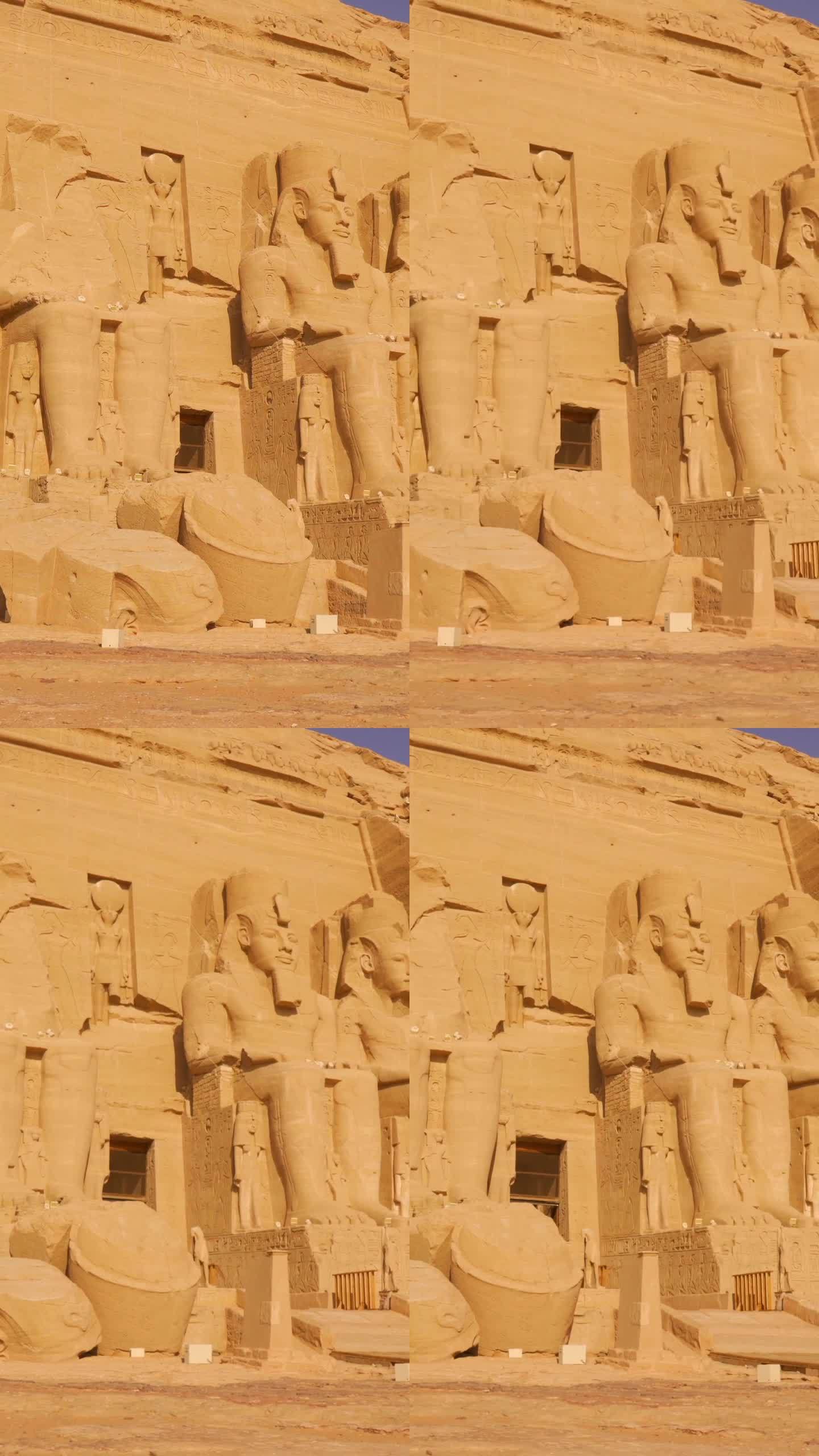 埃及南部努比亚，纳赛尔湖畔的阿布辛贝神庙，用平衡架拍摄的马厩。法老神庙拉美西斯二世，4k视频