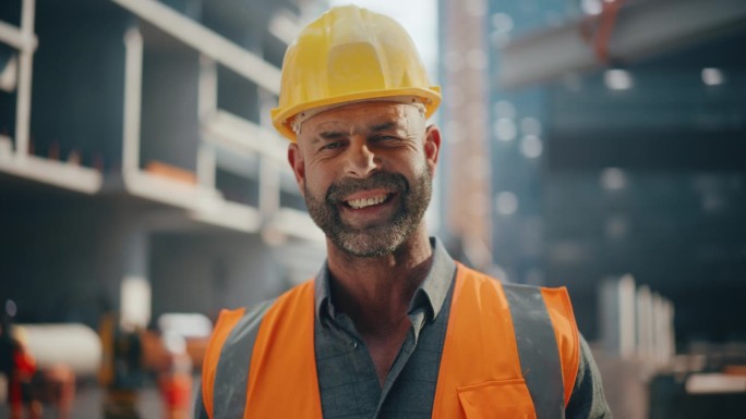 身穿安全制服戴安全帽在居民楼施工现场工作的快乐职业中年工程师。微笑的高加索工业现场经理站在户外的街道