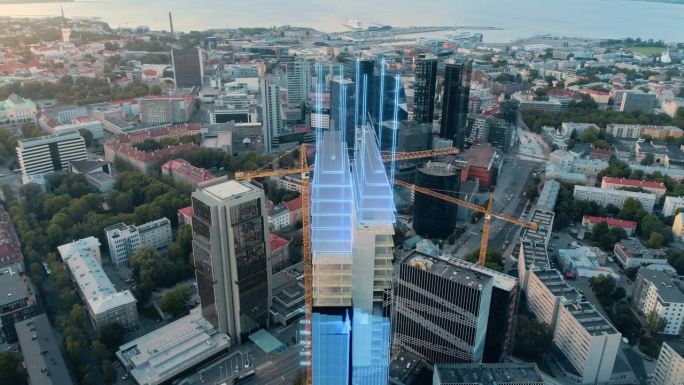 空中无人机镜头与VFX概念的建筑建设:城市房地产开发现场转换与3D动画。增强现实可视化、数字化城市设