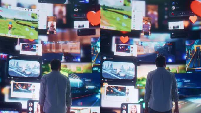 垂直屏幕:白人男子在三维网络空间与动画社会媒体界面，在线游戏，视频，互联网内容的后视图。浏览电脑网络