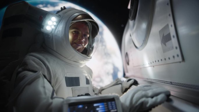 一名戴着头盔和宇航服的白人男性宇航员在外太空的肖像，在零重力下漂浮，看着相机微笑。太空旅行，太阳系探