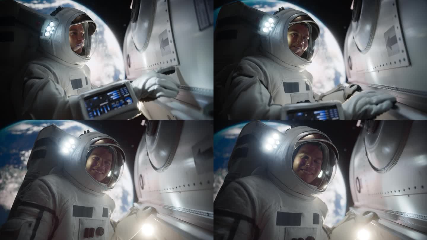 一名戴着头盔和宇航服的白人男性宇航员在外太空的肖像，在零重力下漂浮，看着相机微笑。太空旅行，太阳系探