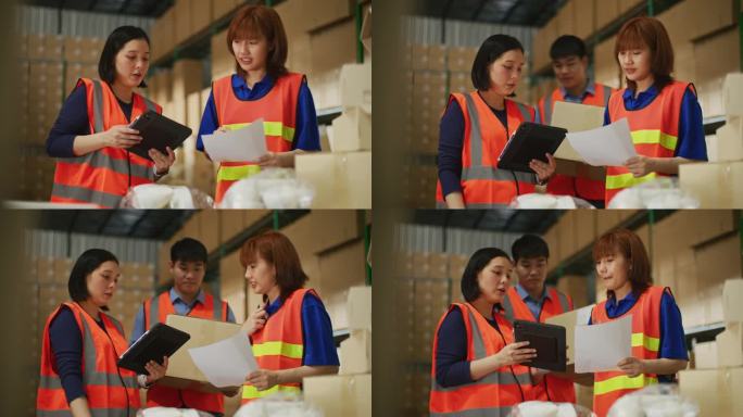 女库存经理使用平板电脑，与一个拿着纸板包装的工人交谈