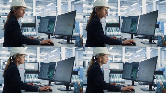 电子设计工厂办公室:戴着安全帽，在台式电脑上工作的白人女工程师的肖像，开发工业微芯片，半导体，电信设