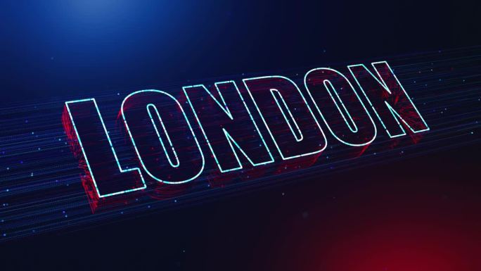 未来的蓝红色的伦敦3D透视文本揭示，英国首都虚线粒子微风效果和闪闪发光的灰尘光耀斑