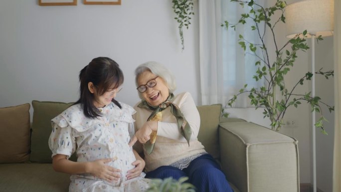 快乐的孕妇和奶奶在客厅聊天