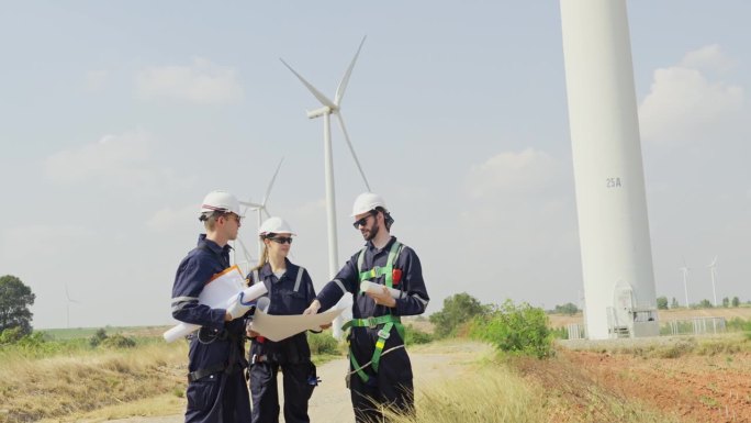 专业技术人员指着后面的风力发电机或风车，与电厂业务领域的同事讨论。