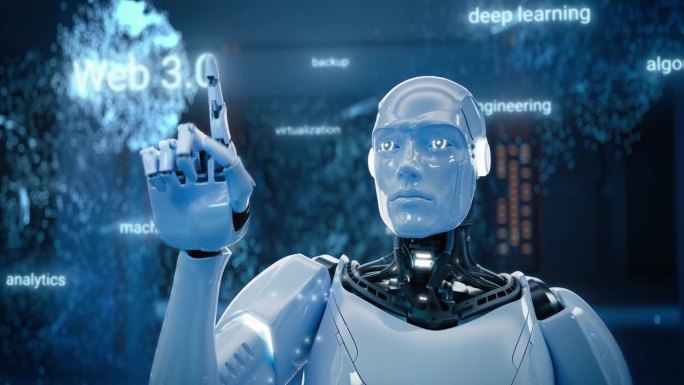 人工智能机器人通过动态触摸手势激活Web 3.0。人形机器人与互联网信息，云计算，神经大数据，机器学
