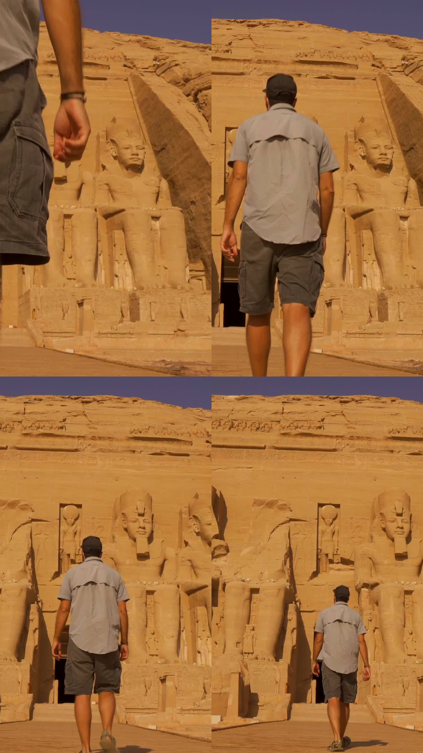 一位年轻的欧洲游客正走向埃及南部努比亚纳赛尔湖畔的阿布辛贝神庙。法老神庙拉美西斯二世，4k视频
