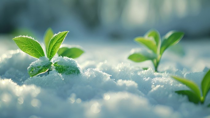 唯美冬季绿色植物雪地生机升格