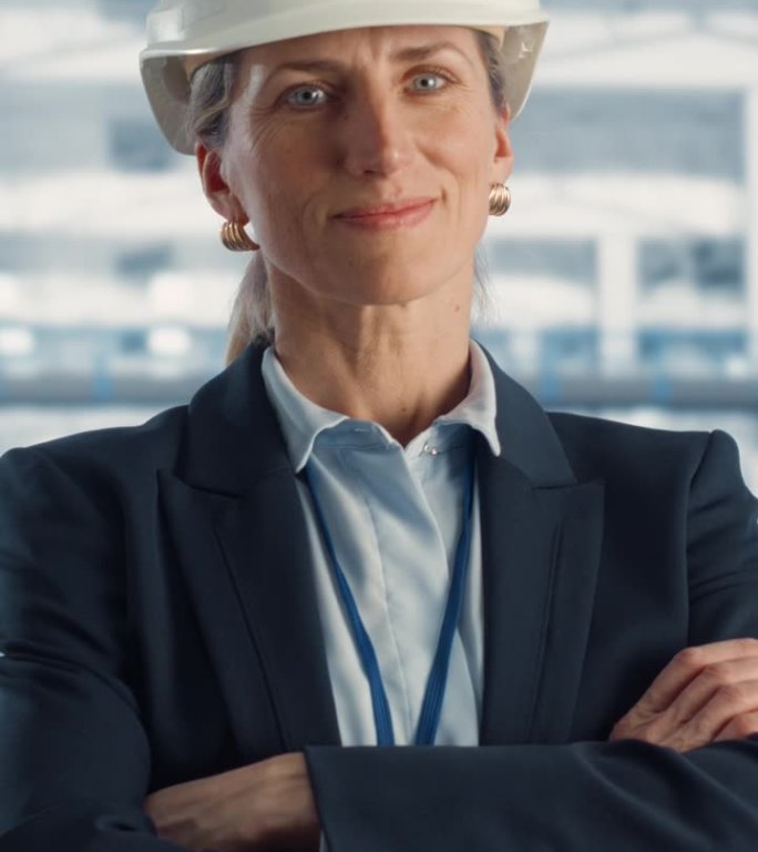 竖屏:戴安全帽的白人女技术员双臂交叉站着，面带微笑地看着镜头。工业专家在电子厂工作，生产设备。