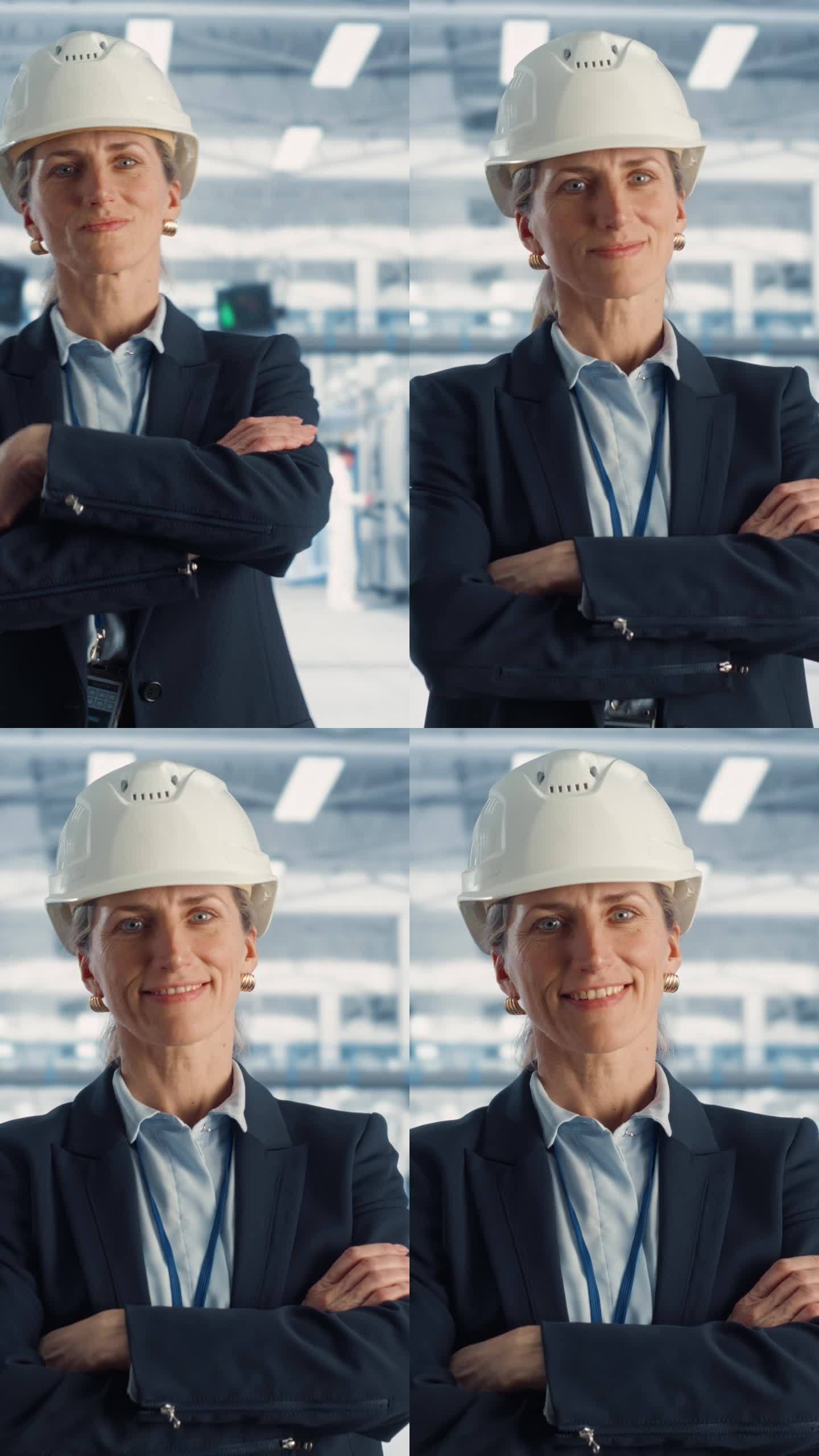 竖屏:戴安全帽的白人女技术员双臂交叉站着，面带微笑地看着镜头。工业专家在电子厂工作，生产设备。