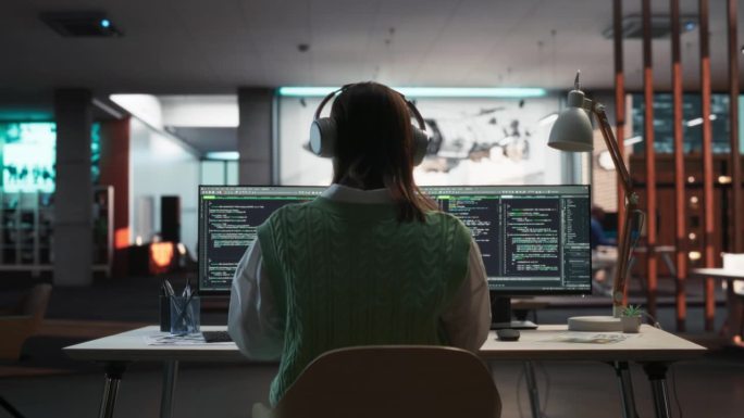创意办公室:专业女程序员使用耳机，在台式电脑上工作。专注开发人员，软件工程师开发应用程序，视频游戏。