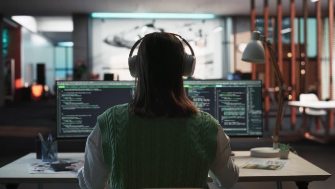 创意办公室:专业女程序员使用耳机，在台式电脑上工作。专注于编码，软件工程师开发应用程序，视频游戏。听