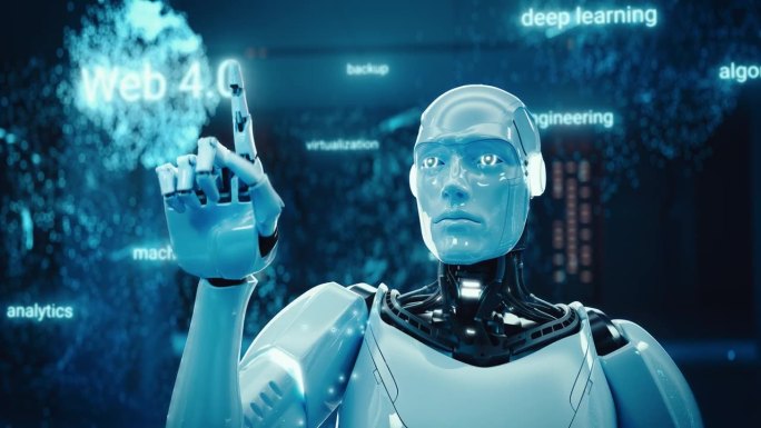 人工智能机器人激活Web 4.0。类人虚拟人工智能助手与信息，云计算服务解决方案，神经大数据，深度机