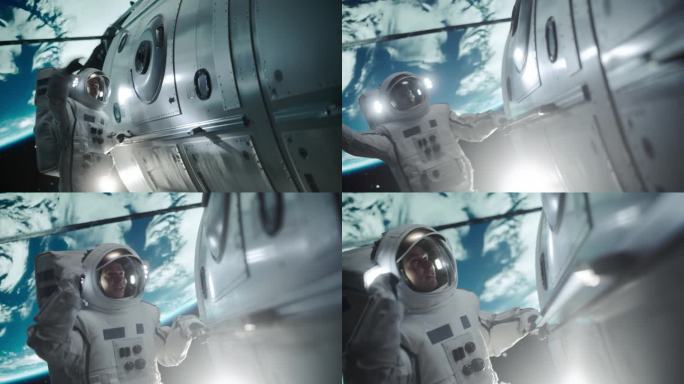 宇航员在外太空的紧急情况，灾难瞬间。太阳能电池板维修过程中的昂贵事故。一名男子紧紧抓住飞船的把手，呼