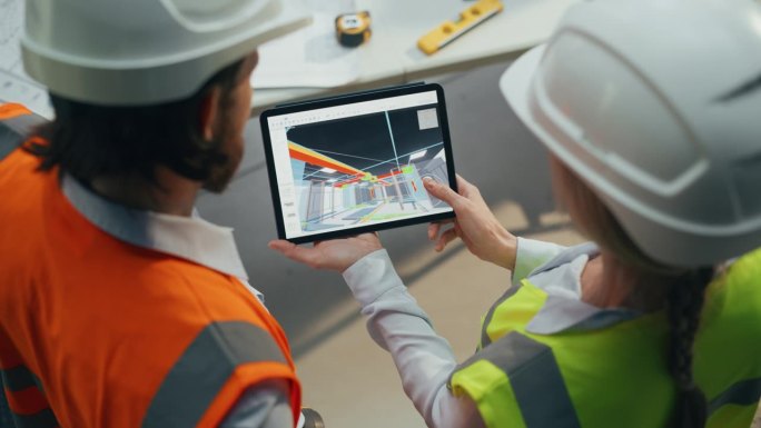 技术检查员和施工经理使用3D虚拟现实游览软件与建筑内部。女专家在工地用平板电脑监督项目
