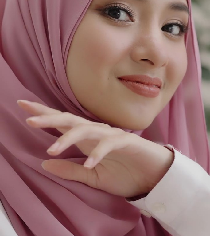 特写一个美丽的亚洲穆斯林妇女的笑脸，用头巾遮住她的美丽。美丽的穆斯林女孩睁开眼睛。