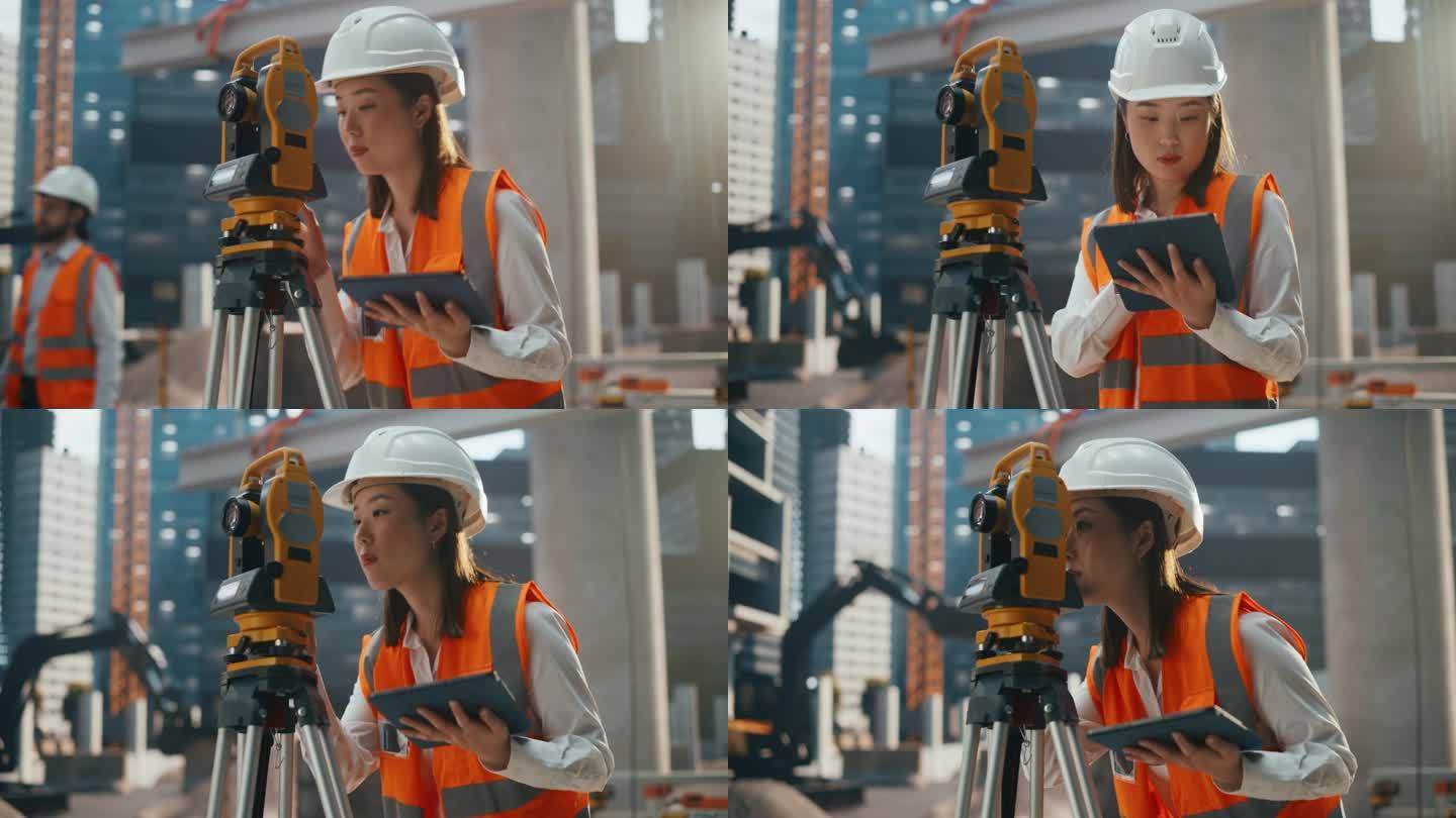担任土木工程师的亚洲女建筑师。年轻的日本妇女使用光学全站经纬仪进行商业地产建筑的规划和测量