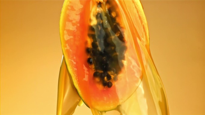 新鲜木瓜加一点果汁。用高速摄像机拍摄，每秒1000帧。