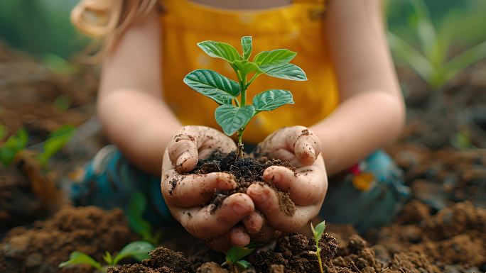 孩子手捧树苗种植希望种植树苗茁壮成长未来