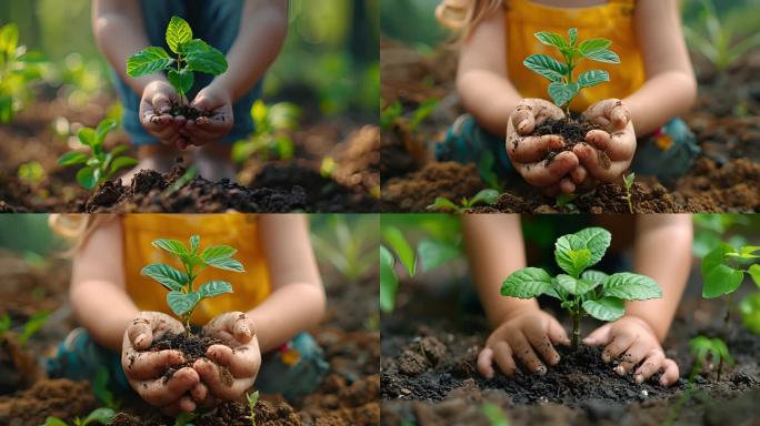 孩子手捧树苗种植希望种植树苗茁壮成长未来