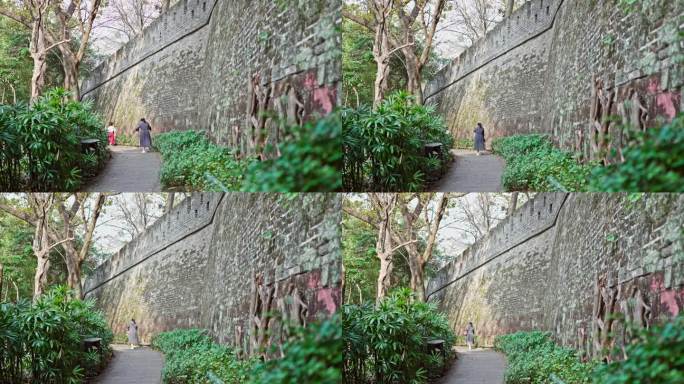 4K实拍，广州越秀公园旧城墙下游人在游览
