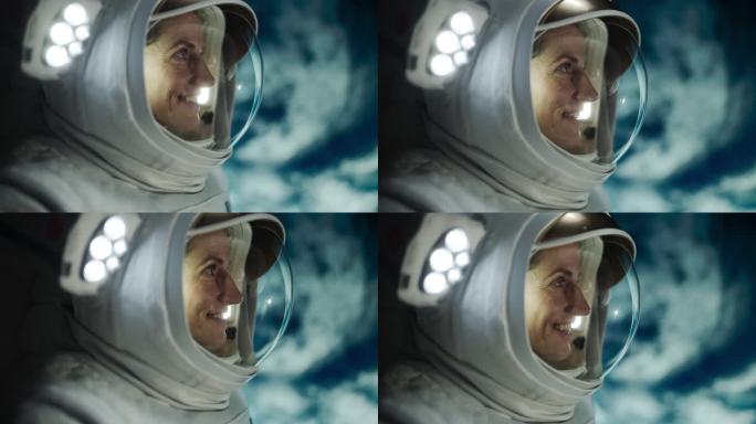 女太空探险家在太空旅行，发现我们宇宙的深处。一个戴着头盔的成年女性的特写镜头，从太空中看到的地球景象