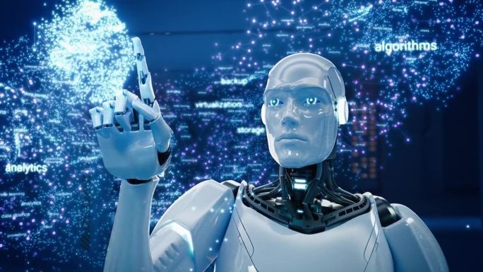 研究深度机器学习的人工智能机器人。未来仿人虚拟生成AI助手使用云计算服务解决方案和神经大数据与信息协