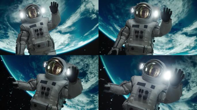 一个强壮的女宇航员的肖像漂浮在宇宙飞船外，背景是地球。女人对着镜头挥手。职业女宇航员穿着太空服，微笑