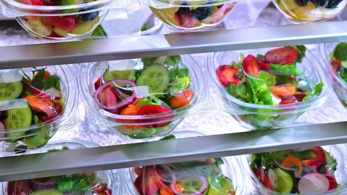 塑料盒子里装着预先包装好的水果和蔬菜沙拉，在商用冰箱里出售