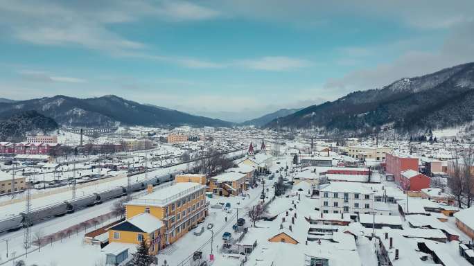 航拍冬季的黑龙江省牡丹江市横道河子风光