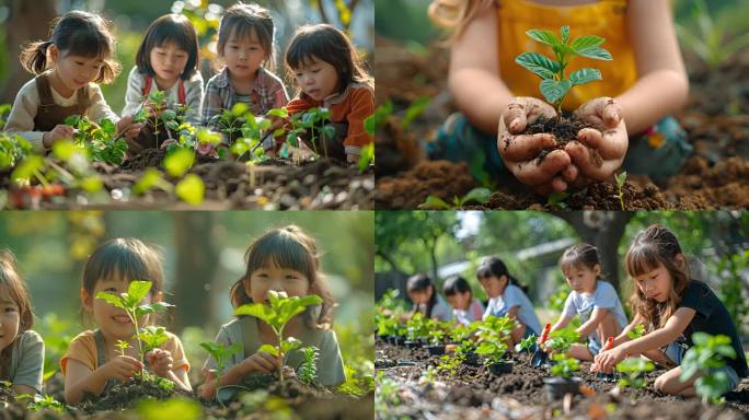 植树节小朋友们在一起种树传递树苗种植希望