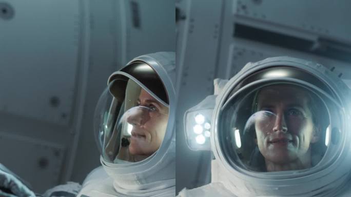 竖屏:一位戴着头盔和宇航服的女宇航员在外太空的肖像，她漂浮在零重力中，惊奇地环顾四周。太空旅行，太阳